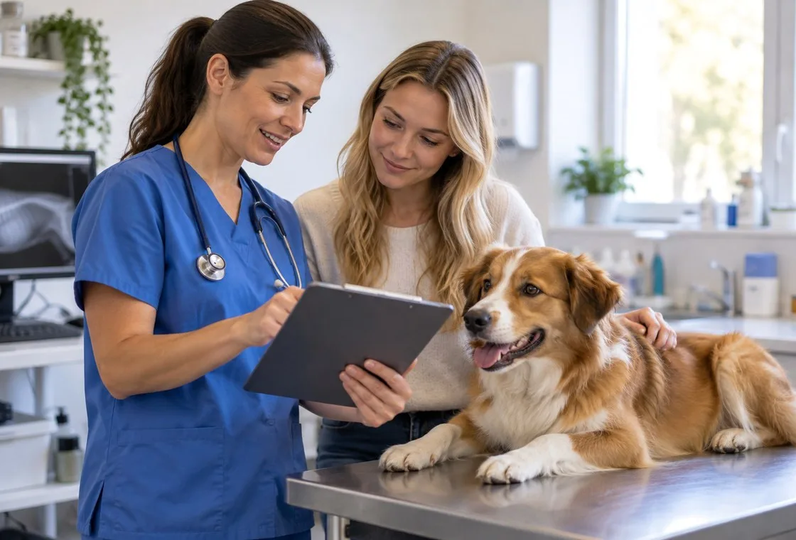Veterinarian discussing a tablet with a dog owner